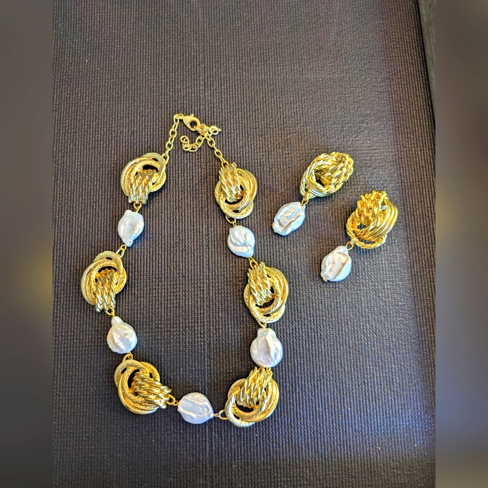 Karine Sultan Vintage 24k Plated Knot/ Baroque Pearl Necklace/Earring Set